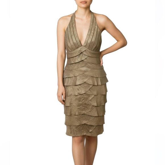CACHE Shimmering Gold Tiered Halter Cocktail Dress Women's Size 8 - Picture 1 of 5